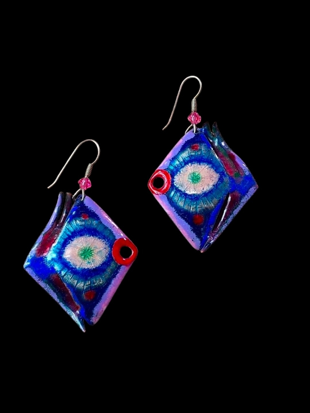 Vintage Blue and Pink Hand-Painted  Metal Art Earrings